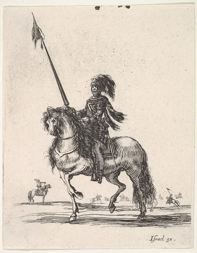 Mounted cuirassier holding a lance upright and riding towards left, other horsemen in the background, from 'Various cavalry exercises' (Diverses exercices de cavalerie)