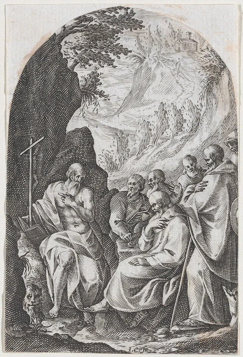 St. Jerome Instructing his Disciples in the Desert, plate 11 from "Les Tableaux de Rome, Les Eglises Jubilaires" (The Paintings of Rome, The Churches Jubilee) — Jacques Callot|Girolamo Muziano