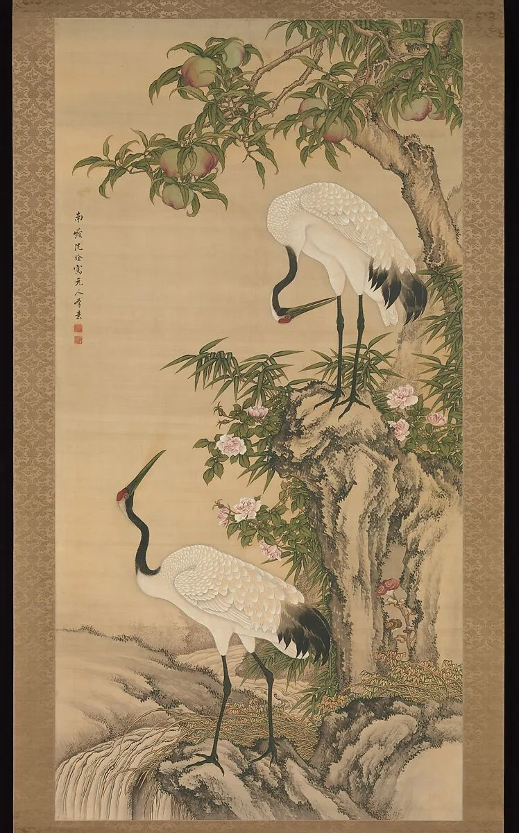 清 沈銓 月季桃鶴圖 軸|Cranes, peach tree, and China rose — Shen Quan