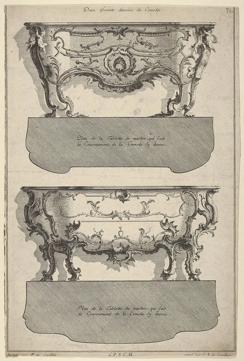 Designs for Two Commodes , from 'Livre de differents dessein de Comodes' — Jean François Cuvilliés the Elder|Carl Albert von Lespilliez