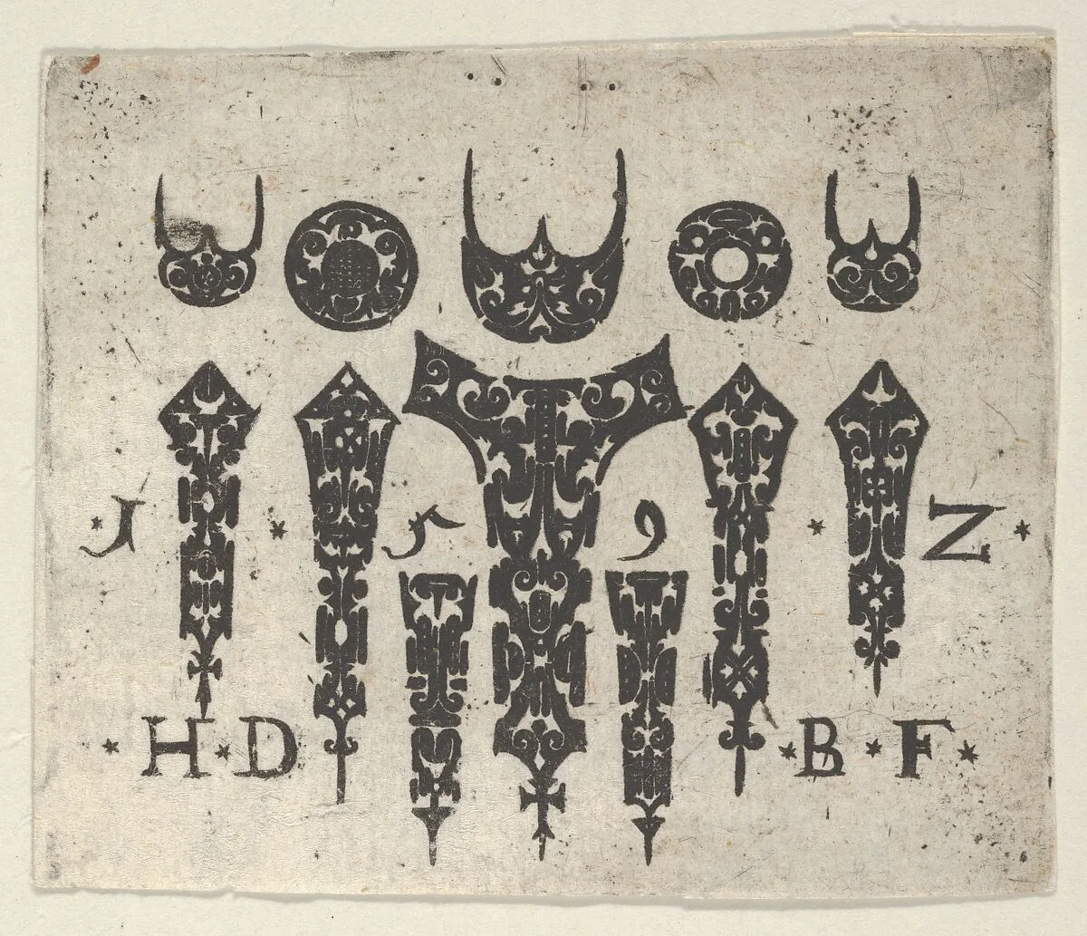 Blackwork Print with a Row of Seven Vertical Fillets Below a Row of Three-Pronged Motifs and Circles — Hans de Bull
