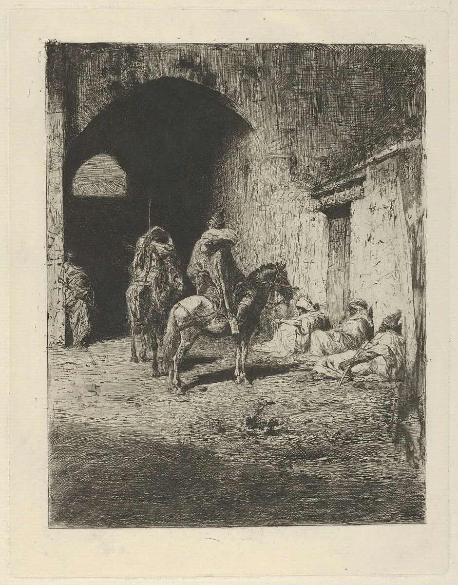 Guards on horseback at the entrance to the Kasbah in Tetuan, figures sitting on the ground — Mariano Fortuny, 1838–1874