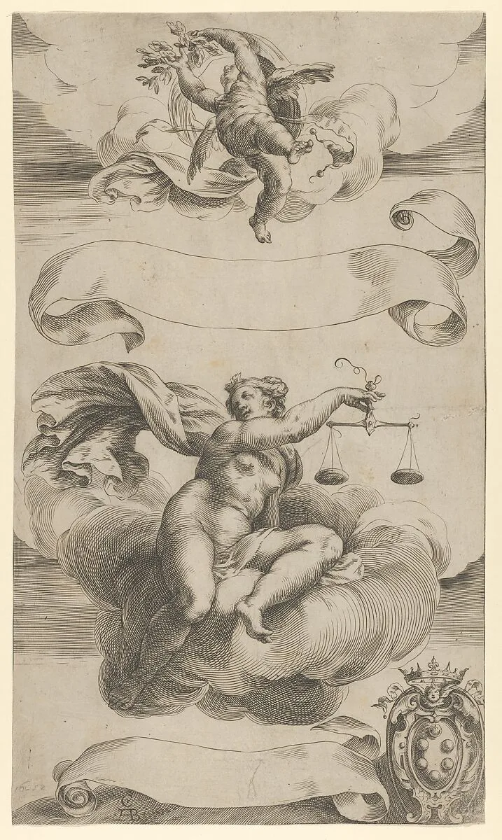 An Allegory of Truth and Justice; a naked woman in the center seated on a cloud holding a set of scales, a putto above, the Medici Coat of Arms at lower right — Cherubino Alberti (Zaccaria Mattia)