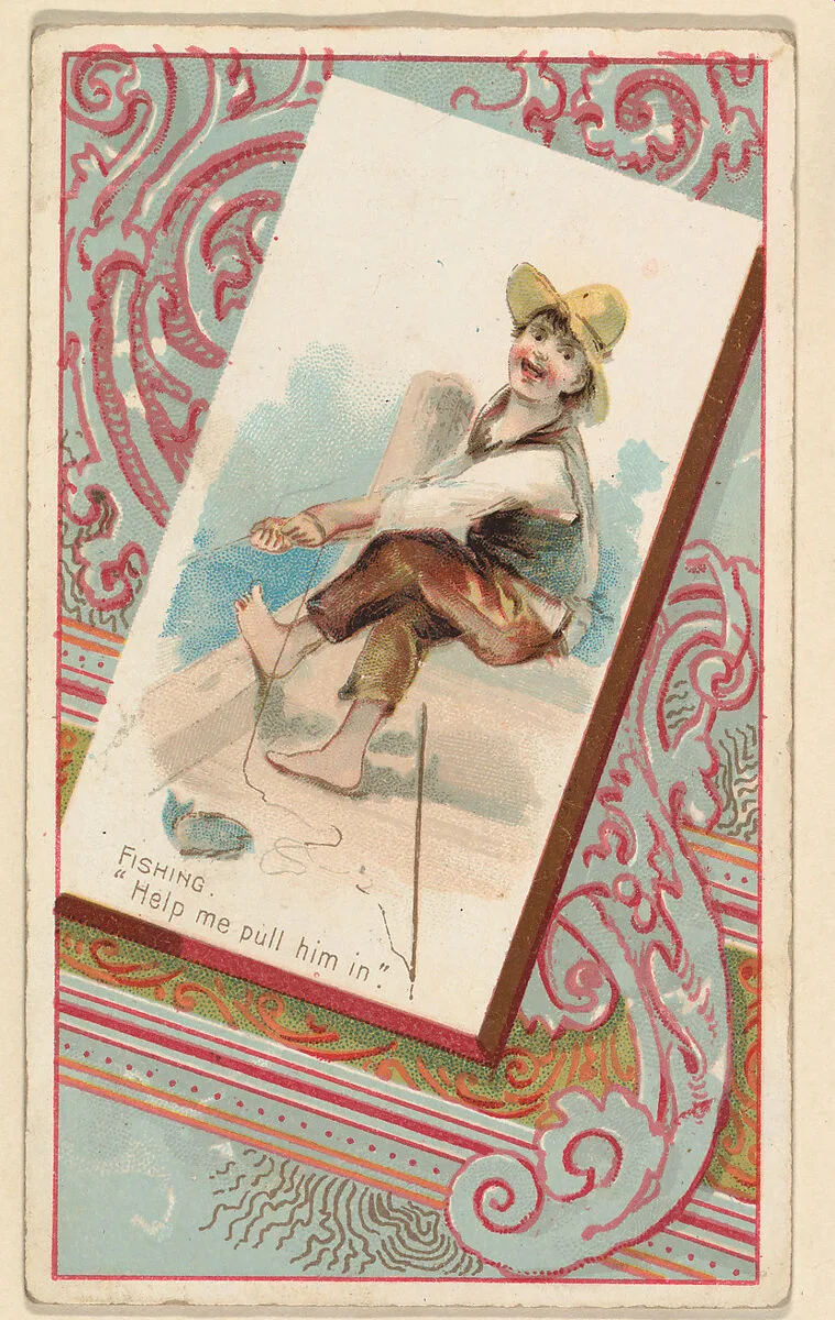Fishing, "Help me pull him in," from the Terrors of America set (N136) issued by Duke Sons & Co. to promote Honest Long Cut Tobacco — Knapp & Company|W. Duke, Sons & Co.