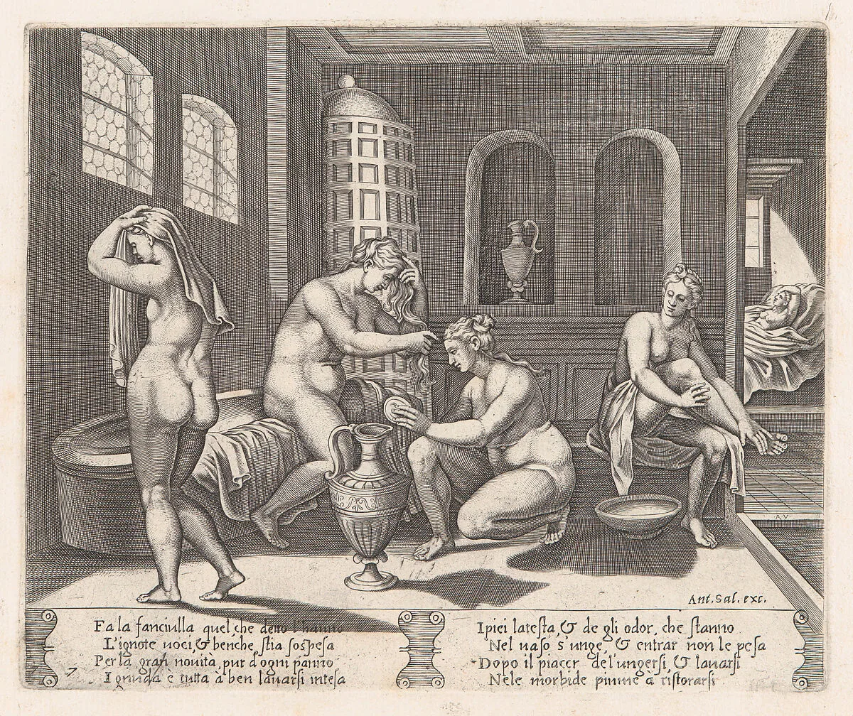 Plate 7: Psyche attended in her bath, from "The Story of Cupid and Psyche as told by Apuleius" — Antonio Salamanca|Agostino Veneziano (Agostino dei Musi)|Michiel Coxie (I)