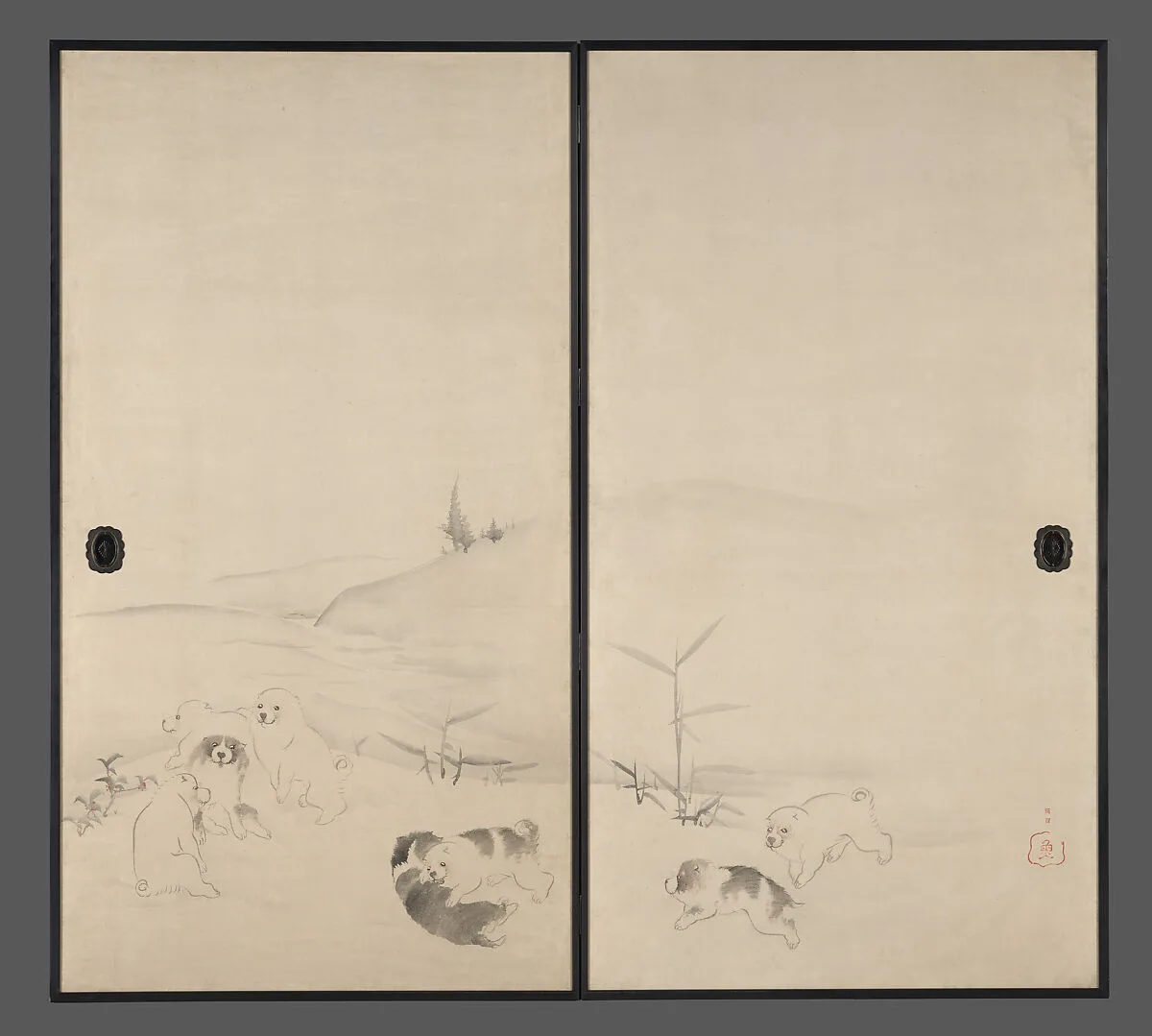 長澤蘆雪筆 雪中狗子図襖|Puppies in the Snow — Nagasawa Rosetsu 長澤蘆雪