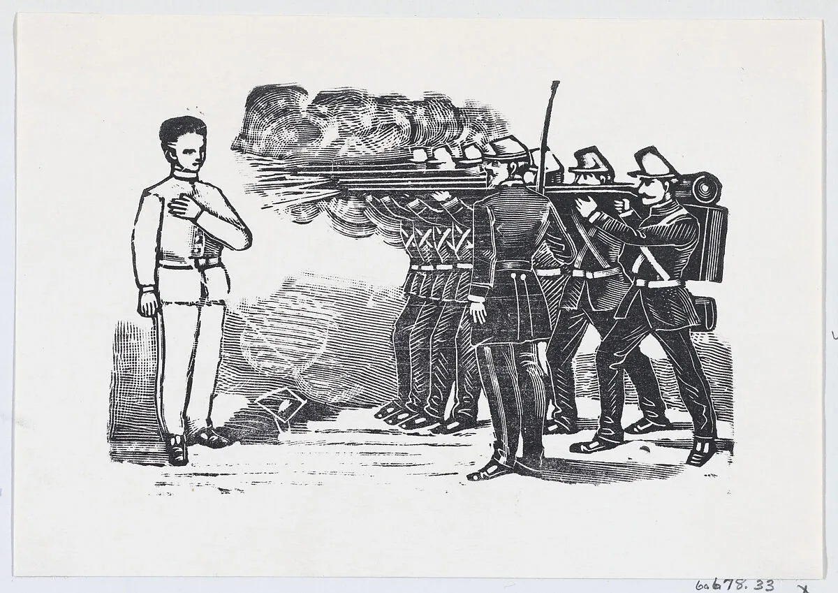 Firing squad shooting a man with his left hand on his chest — José Guadalupe Posada|José Sanchez