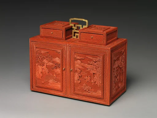 清乾隆   剔紅山水人物紋漆箱|Cabinet with figures in a landscape