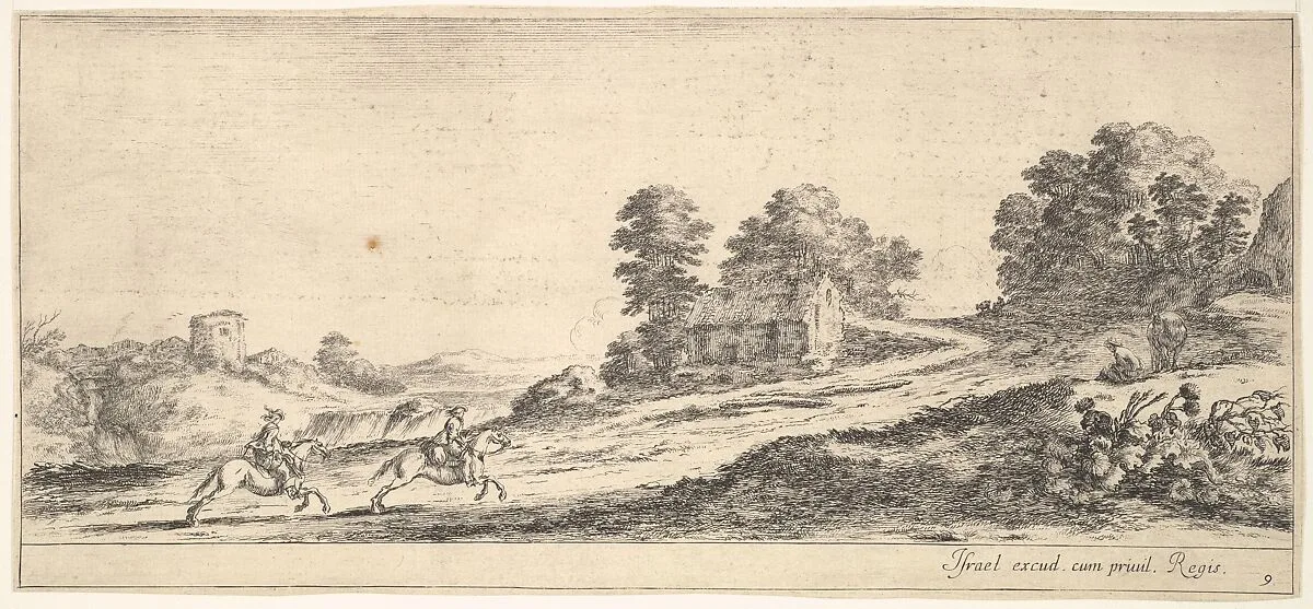 Plate 9: two horsemen at left galloping uphill towards the right, a horse and seated man to right, from 'Various landscapes' (Divers paysages) — Stefano della Bella|Israël Henriet