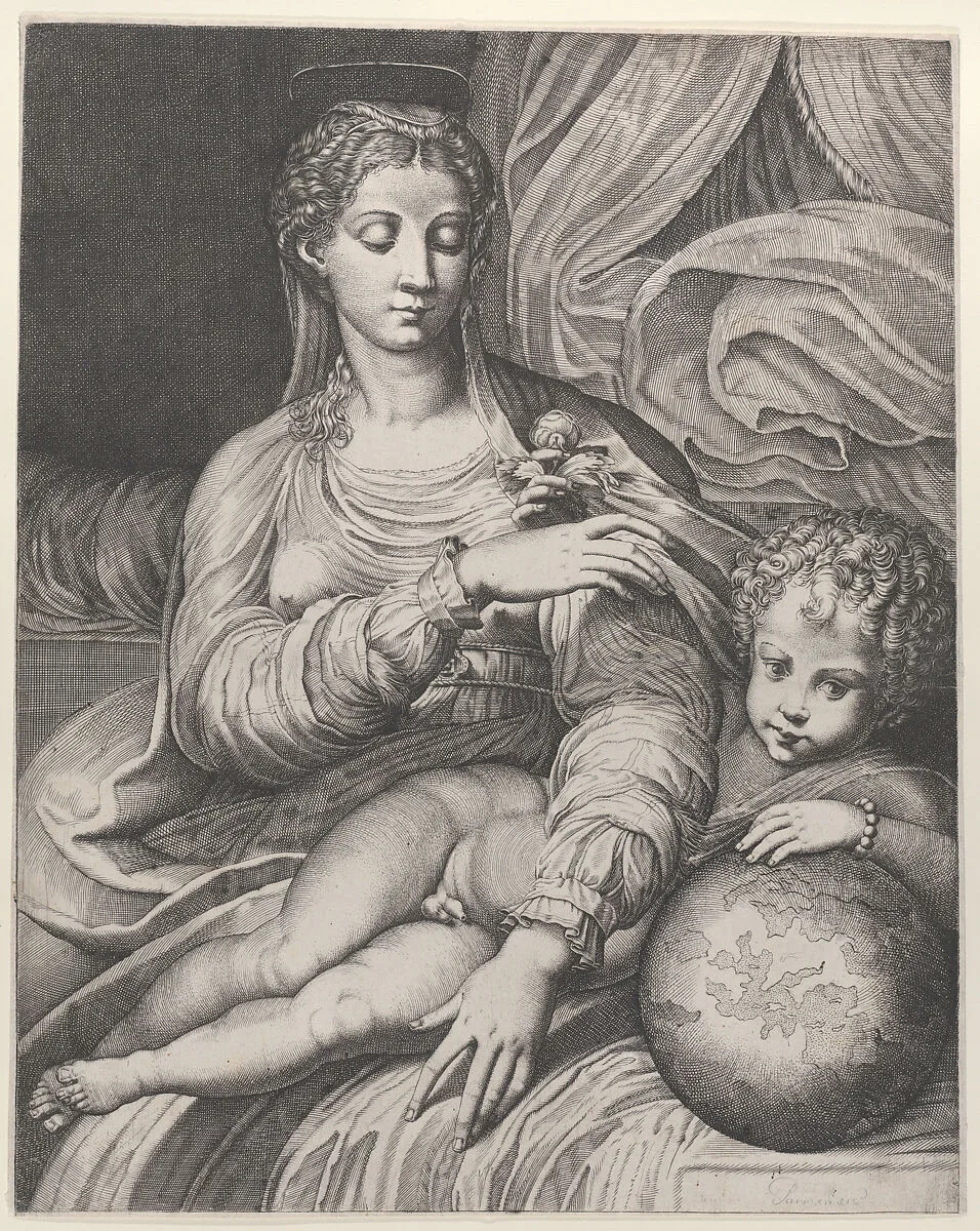 Madonna of the Rose, she reaches for a rose held by the Christ child, who rests his left arm on a globe — Parmigianino (Girolamo Francesco Maria Mazzola)|Domenico Tibaldi