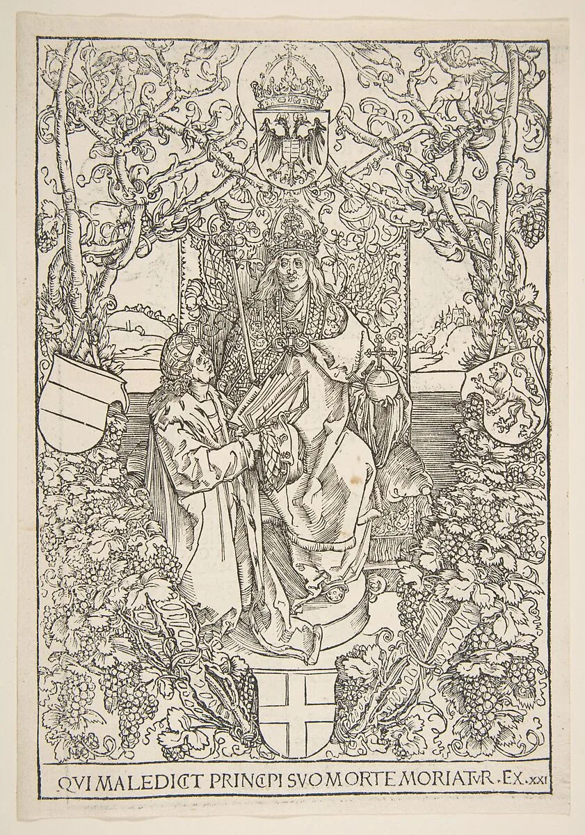 Conrad Celtis Presenting His Book "Quatuor Libri Amorum" to Maximilian I ( from the book) — Albrecht Dürer