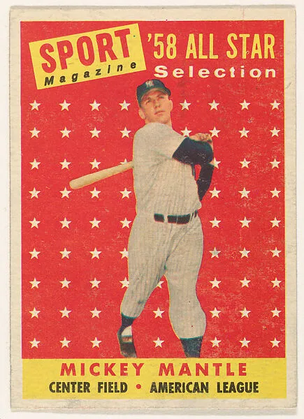 Mickey Mantle, Center Field, American League, from the "1958 Topps Regular Issue" series (R414-13), issued by Topps Chewing Gum Company — Topps Chewing Gum Company