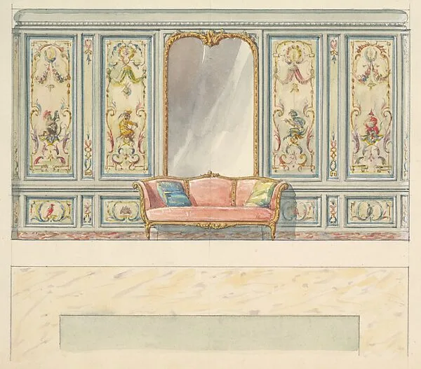 Design for a Wall Elevation with a Large Double-arched Mirror and Sofa (Fifth Floor) — Mewès and Davis|Charles-Frédéric Mewès|Arthur Joseph Davis