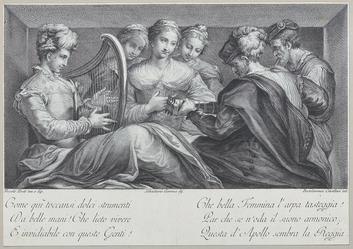 A group of elegantly dressed people playing the harp and a guitar — Sebastiano Gamma|Bartolomeo Crivellari|Nicolo Dell'Abbate