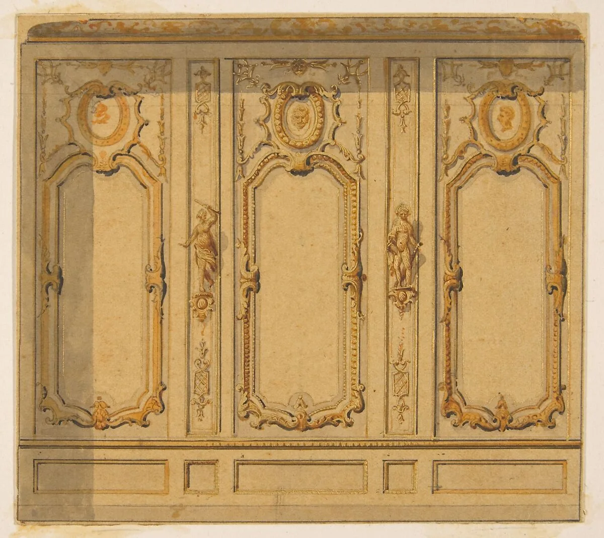 Elevation of an interior showing a wall decorated in ornate panels and mounted statuettes — Jules-Edmond-Charles Lachaise|Eugène-Pierre Gourdet