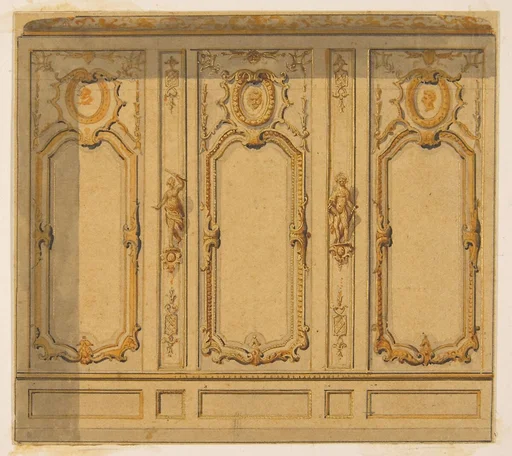 Elevation of an interior showing a wall decorated in ornate panels and mounted statuettes