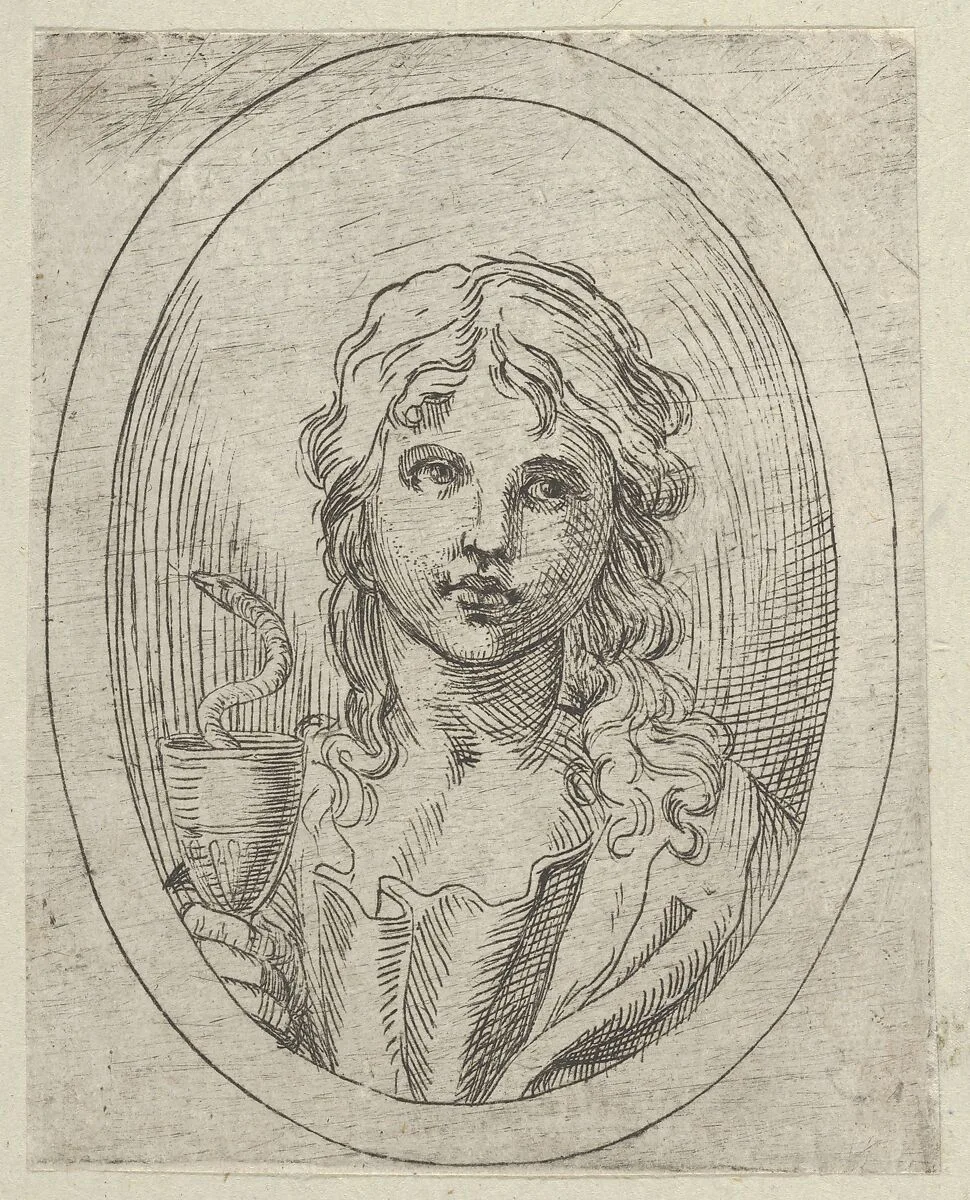 Saint John the Evangelist holding a goblet with a snake emerging from it, from "Christ, the Virgin, and Thirteen Apostles" — Anonymous, 17th century|Guido Reni