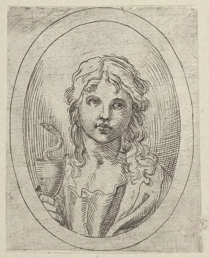 Saint John the Evangelist holding a goblet with a snake emerging from it, from "Christ, the Virgin, and Thirteen Apostles"