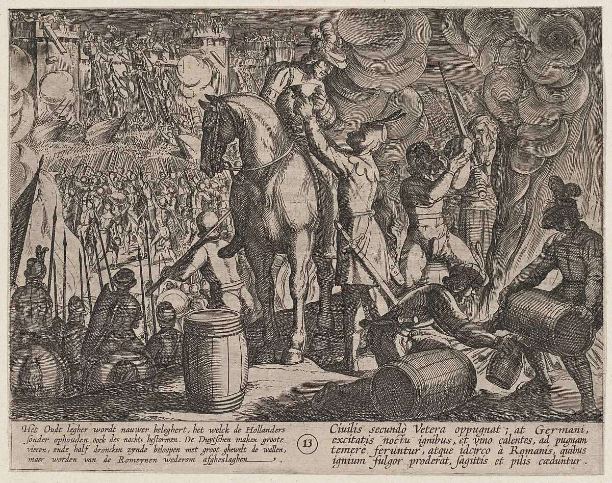 Plate 13: Attack on the Roman Fortress at Night, from The War of the Romans Against the Batavians (Romanorvm et Batavorvm societas) — Antonio Tempesta|Otto van Veen