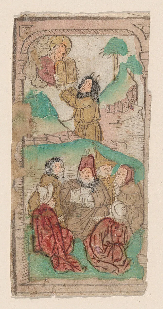 Moses Receiving the Law, illustration from a Biblia Pauperum blockbook, 4th edition — Anonymous, Netherlandish, 15th century