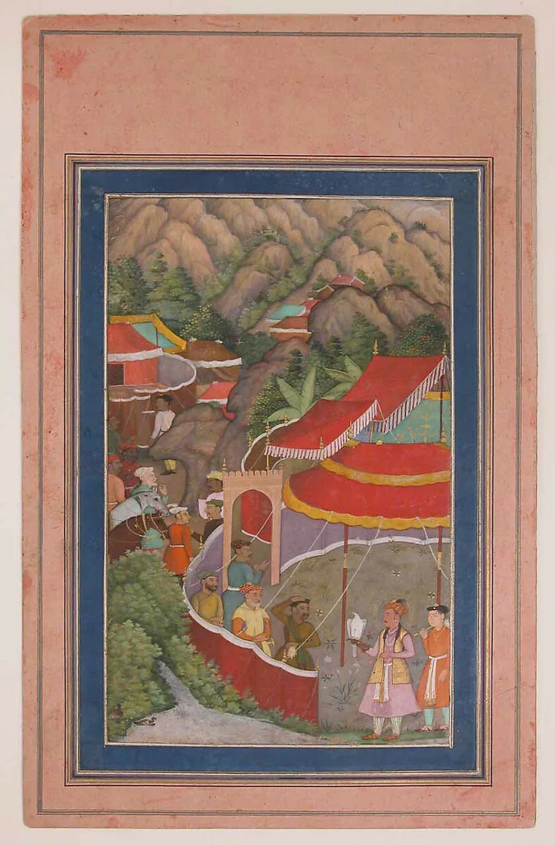 "Encampment in the Hills: Jahangir with Falcon", Folio from a Manuscript of the Akbarnama. Folio from the Davis Album — Abu'l Fazl