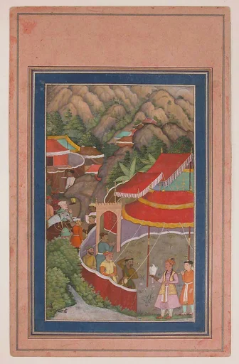 "Encampment in the Hills: Jahangir with Falcon", Folio from a Manuscript of the Akbarnama. Folio from the Davis Album