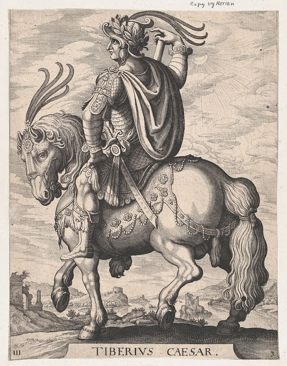 Plate 3: Emperor Tiberius on Horseback, from 'The First Twelve Roman Caesars', after Tempesta — Antonio Tempesta|Matthäus Merian the Elder