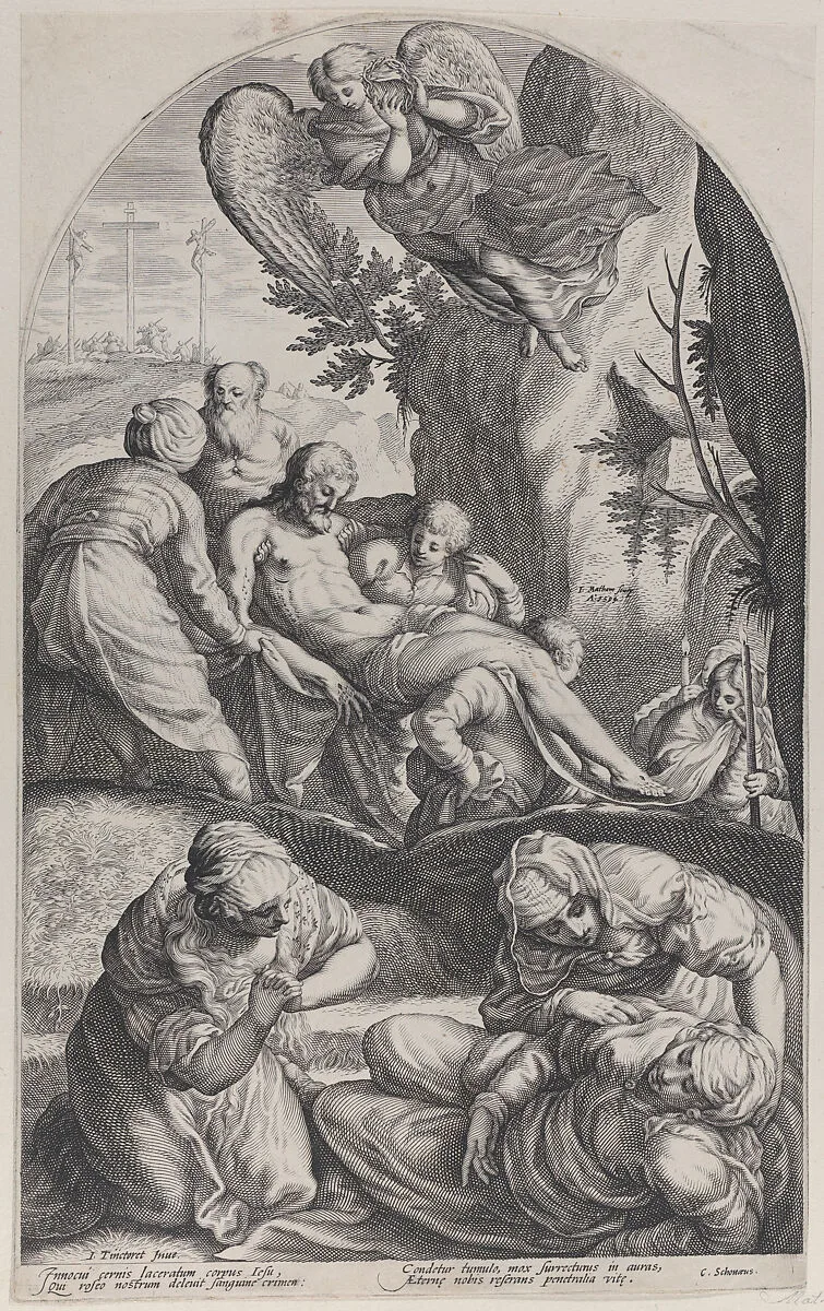 The Entombment, with Christ's body carried on a sheet at center, the three Maries in the foreground, and an angel overhead — Jacob Matham|Jacopo Tintoretto (Jacopo Robusti)