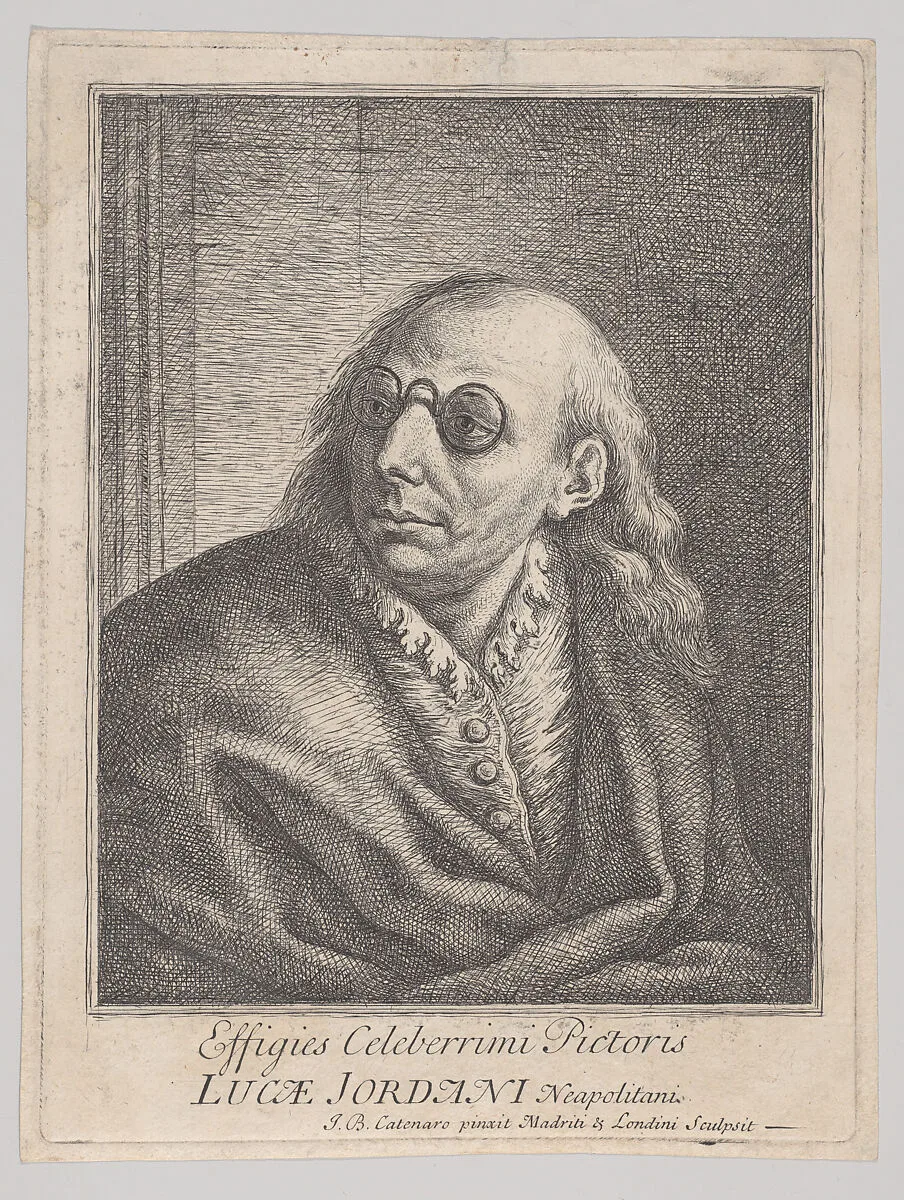 Portrait of Luca Giordano, wearing round spectacles and looking to the left — Luca Giordano|Giovanni Battista Catenaro