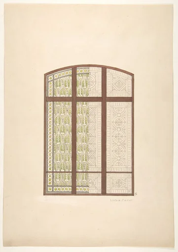 Design for an arched stained glass window, showing two alternative patterns