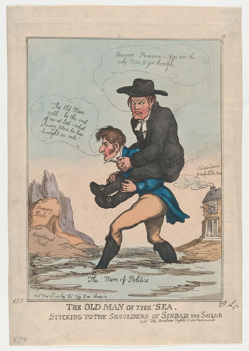 The Old Man of the Sea, Sticking to the Shoulders of Sinbad the Sailor — Thomas Rowlandson|Thomas Tegg