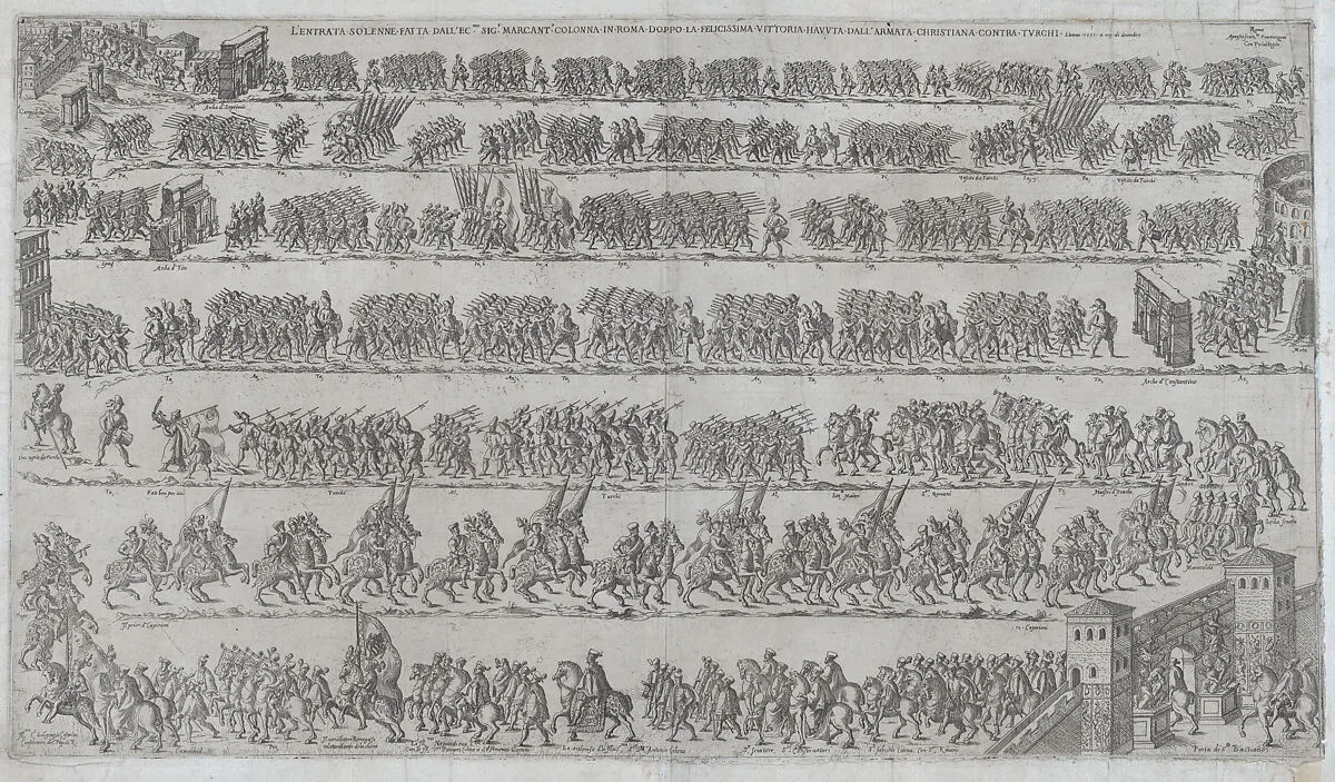 The entry of Marcantonio Colonna and the Christian army in Rome after victory at the battle of Lepanto, December 11, 1571 — Francesco Tramezzino