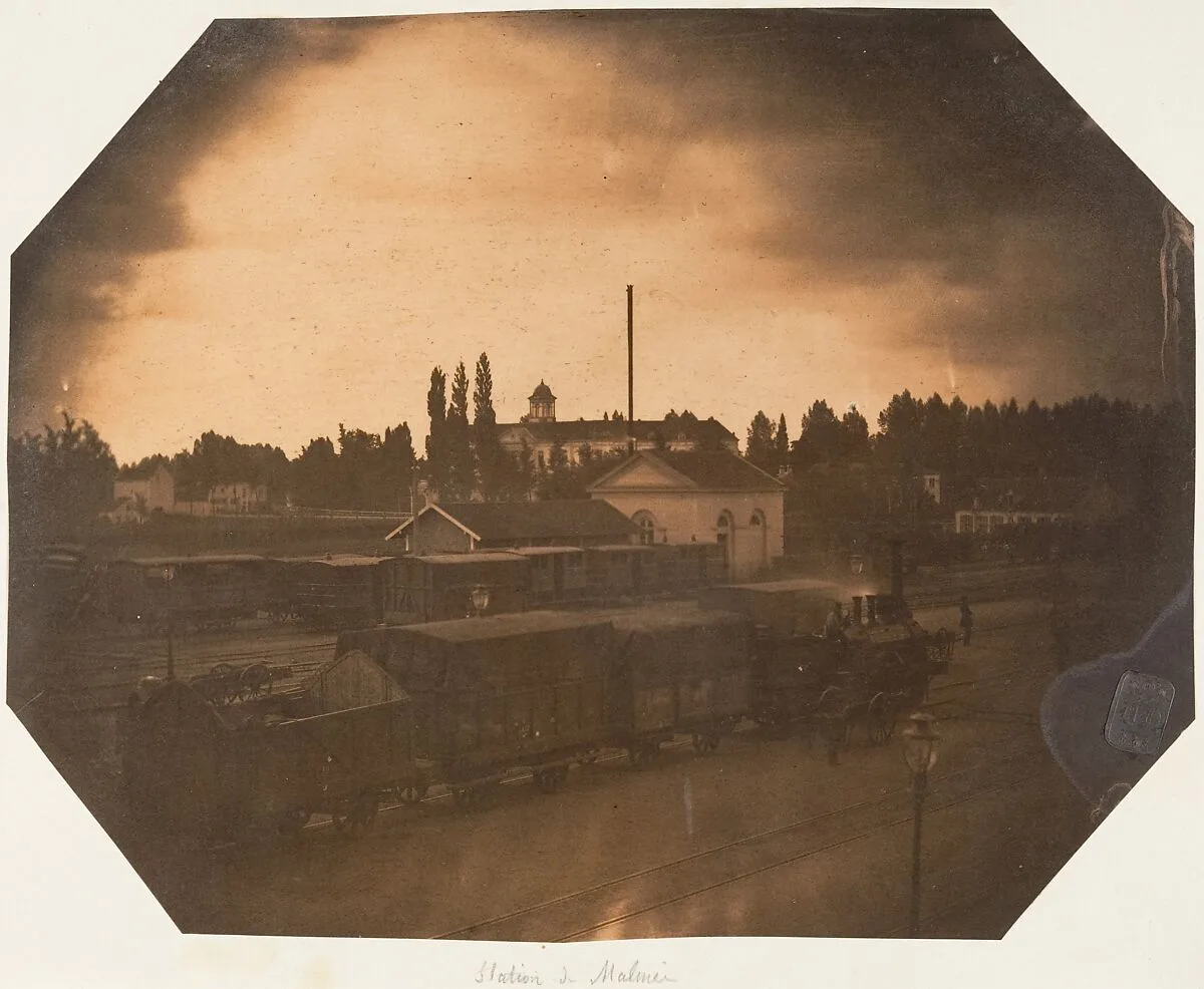 Station de Malines, Epreuve instantanée au passage d'un train au soleil couchant — Louis-Pierre-Théophile Dubois de Nehaut