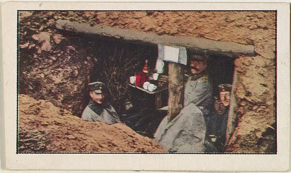 Card No. 128, German Officers Sheltered in One of Their Splinter-Proff Entrenchments at Brussels, from the World War I Scenes series (T121) issued by Sweet Caporal Cigarettes — Underwood & Underwood|American Tobacco Company