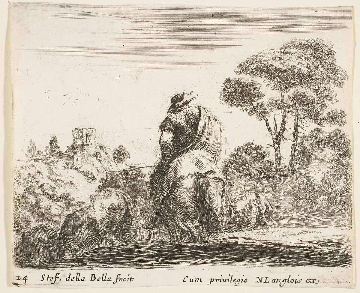 Herdsman atop a horse, seen from behind, leads his cattle down a hill, a tower on a hill to left in the background, plate 24 from "Diversi capricci" — Stefano della Bella|Nicolas Langlois