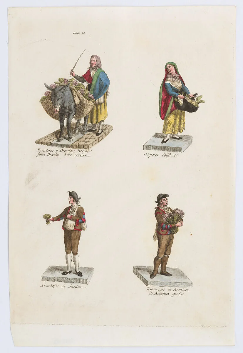 Plate 10: four street vendors from Madrid selling broccoli, cauliflower, artichokes, and asparagus, from 'Los Gritos de Madrid' (The Cries of Madrid) — Miguel Gamborino|Imprenta Real, Madrid