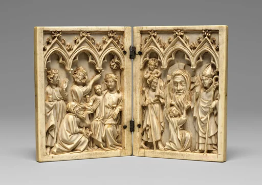 Diptych with the Adoration of the Magi (left); Saint Christopher, Vera Icon (True Image) of Christ Held up by an Angel, and Bishop-Saint (right)