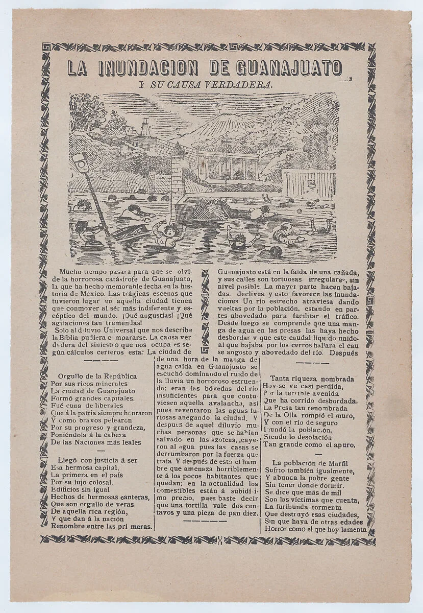 Broadsheet relating to a news story about the cause of a flood in Guanajuato, townspeople drowning — José Guadalupe Posada