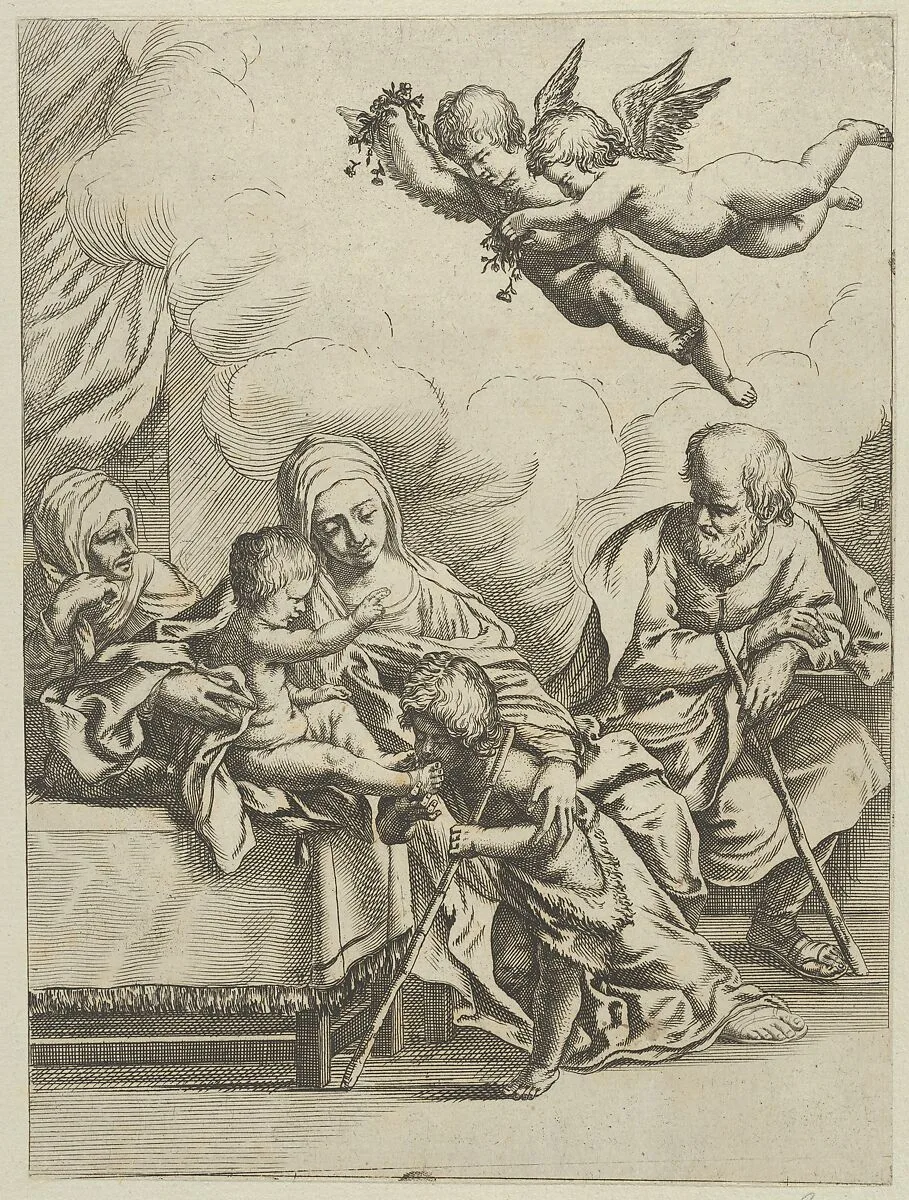 The Holy Family with young John the Baptist and Saint Elizabeth, two angels above, after Reni — Guido Reni|Anonymous, 17th century