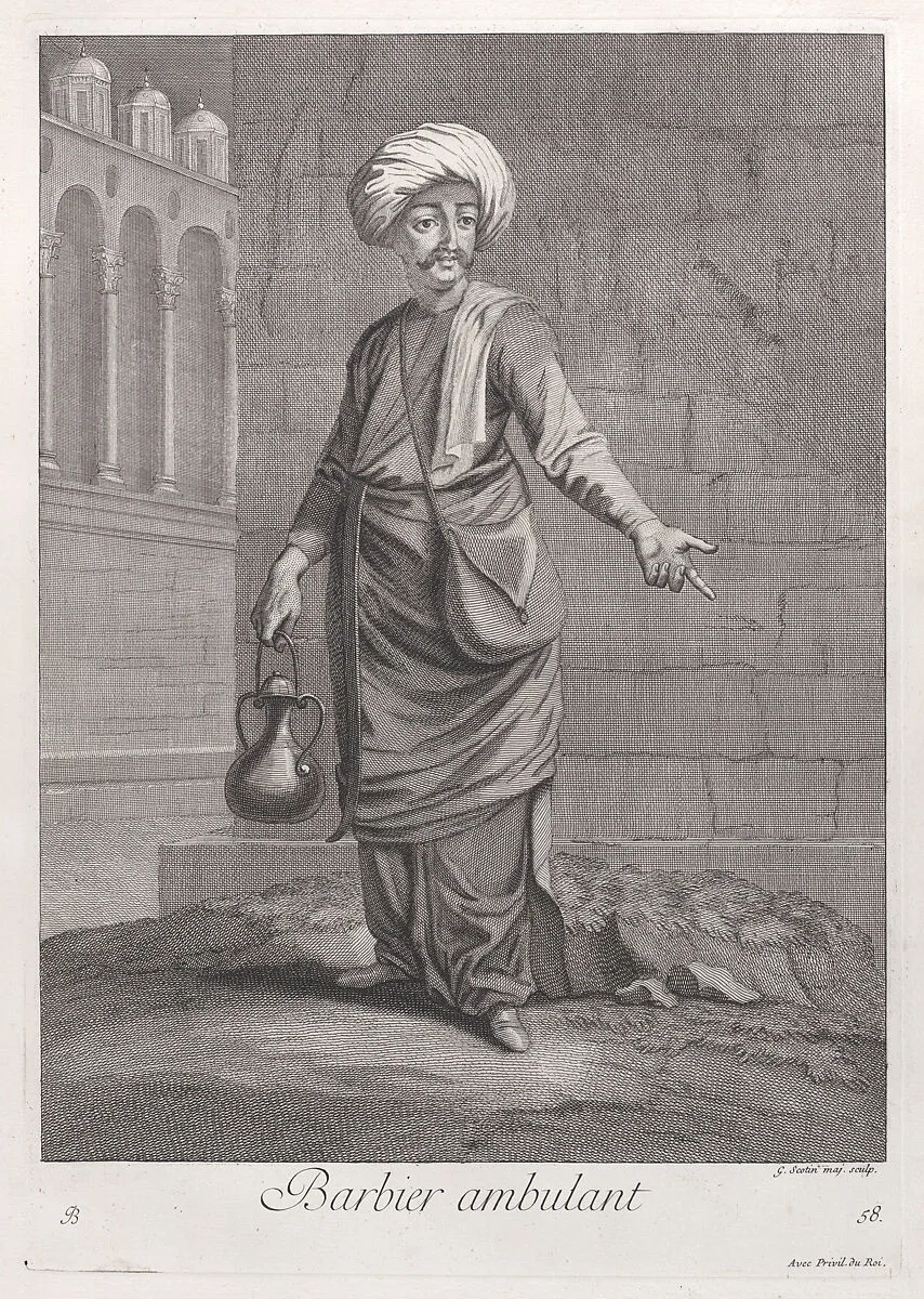 Barbier ambulant, plate 58 from "Recueil de cent estampes représentent differentes nations du Levant" — Jacques le Hay|Gérard Jean Baptiste Scotin I|Jean Baptiste Vanmour