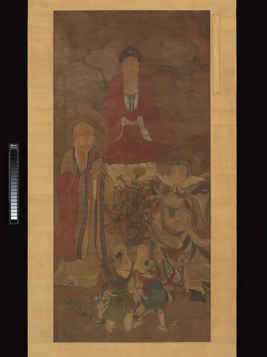 明 佚名 禮佛圖 軸|Shakyamuni with luohan, heavenly king, and boys — Unidentified artist