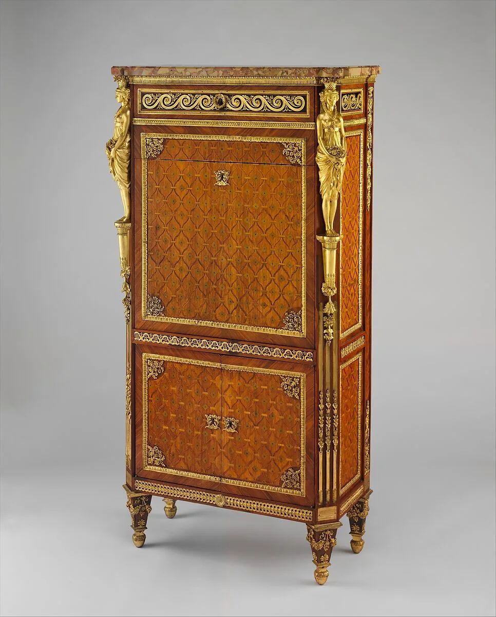 Drop-front secretary (secrétaire à abattant or secrétaire en armoire) — Guillaume Benneman|Gilles-François Martin|Etienne-Jean Forestier|Bardin|Tournay|Pierre-Auguste Forestier|Michaud|Louis Simon Boizot|Pierre Philippe Thomire|Galle|Jean Hauré