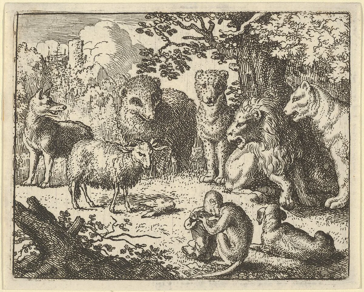 The Monkey Opens the Package and Removes the Rabbit's Head to the Great Surprise of the Animals from Hendrick van Alcmar's Renard The Fox — Allart van Everdingen