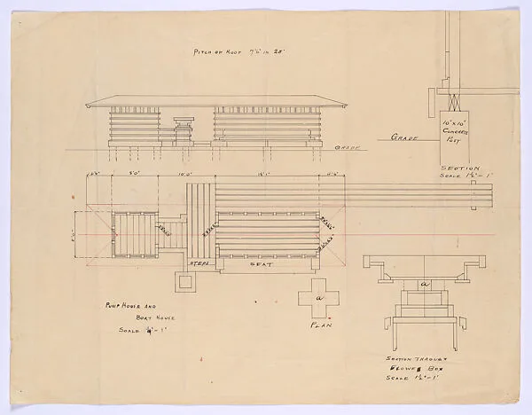 Elevation, Plan, and Detail Sections "Pumphouse and Boathouse/Scale 1/4" =1". Little House, Wayzata, MN. Pump house and boat House. — Frank Lloyd Wright
