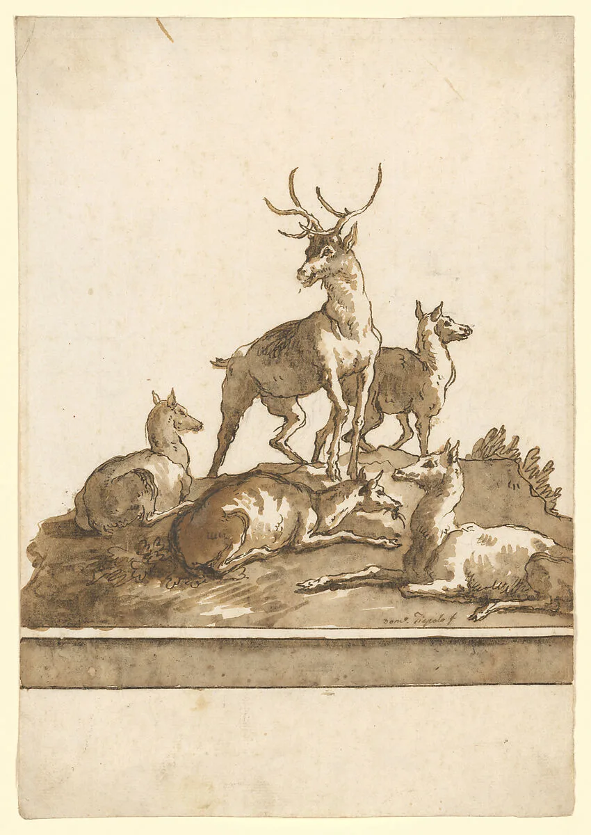 A Stag and Four Hinds on a Grassy Knoll (with Base) — Giovanni Domenico Tiepolo