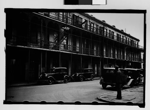 [Cast-Iron Balconied Houses with Parked Cars on Street, Mobile, Alabama]
