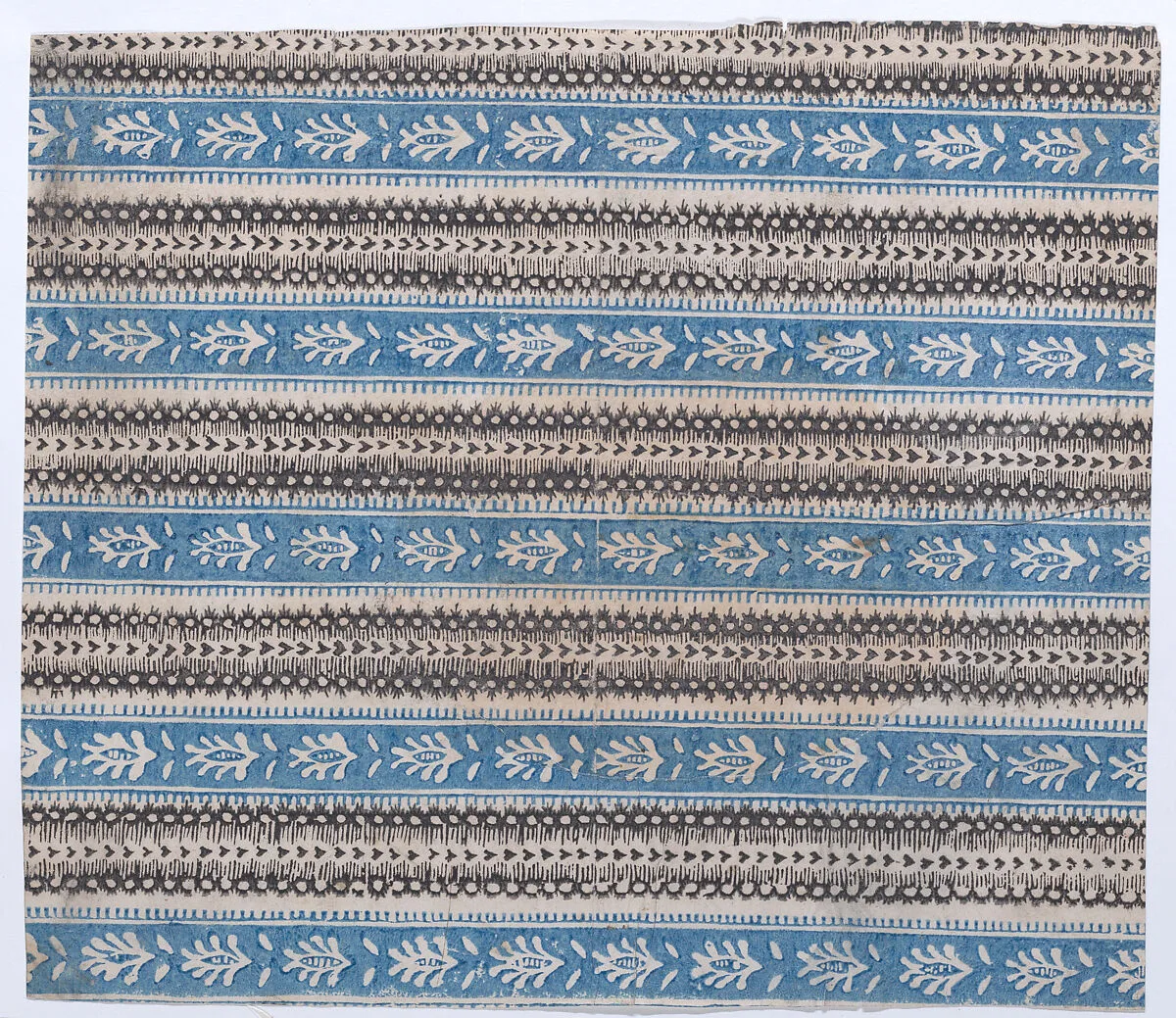 Sheet with five borders with blue and black abstract patterns — Anonymous