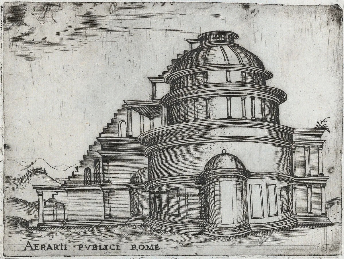 Palatium Claudie Imperatoris, from a Series of Prints depicting (reconstructed) Buildings from Roman Antiquity — Monogrammist G.A. & the Caltrop