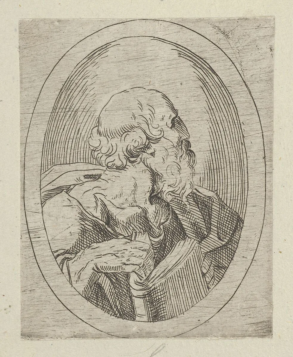 An apostle seen in profile facing right, holding an open book, in an oval frame, from "Christ, the Virgin, and Thirteen Apostles" — Anonymous, 17th century|Guido Reni