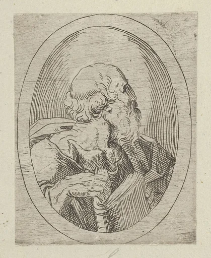 An apostle seen in profile facing right, holding an open book, in an oval frame, from "Christ, the Virgin, and Thirteen Apostles"